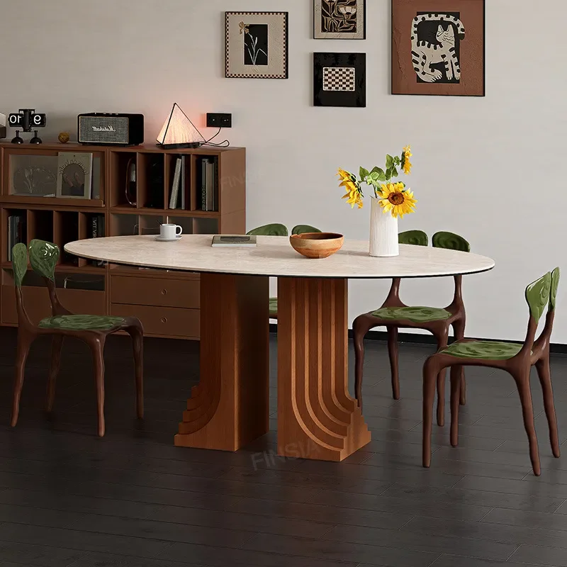 Rock Slab Oval Dining Table Set Modern Simple Wabi Style High End Light Luxury Cave Stone Texture Dining Table and Chairs