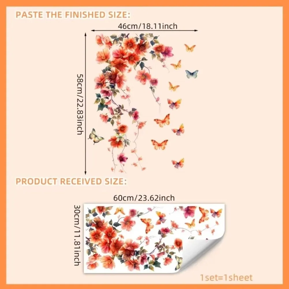 New Red Flower Wall Sticker Vine Design Waterproof Wall Decals Butterfly Pattern Self-Adhesive Wall Art Home Decor