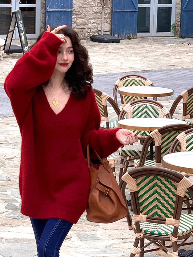 

Женский пуловер Merino из 100% шерсти с v-образным вырезом, свободный свитер среднего и длинного размера, толстый осенне-зимний повседневный модный вязаный кашемировый свитер