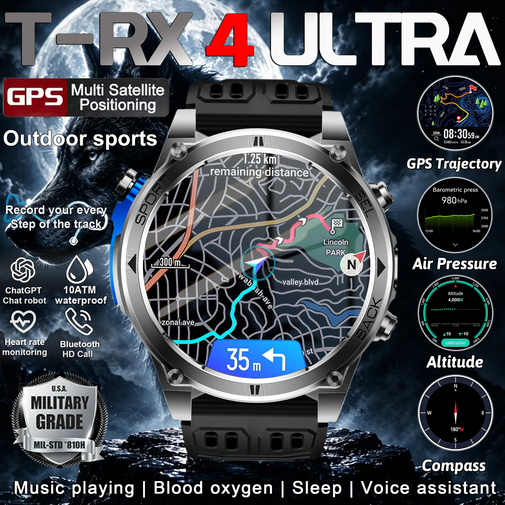 Men T-RX4 Ultra Military Sports Smartwatch GPS Compass Altitude 10ATM Waterproof Call Heart Rate Men Tactical Fitness Smartwatch