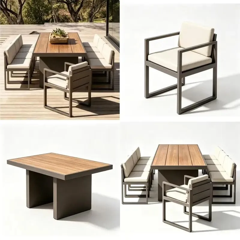 Heavy-duty powder-coated aluminum outdoor dining table with soft neutral cushions for backyard, patio, and poolside