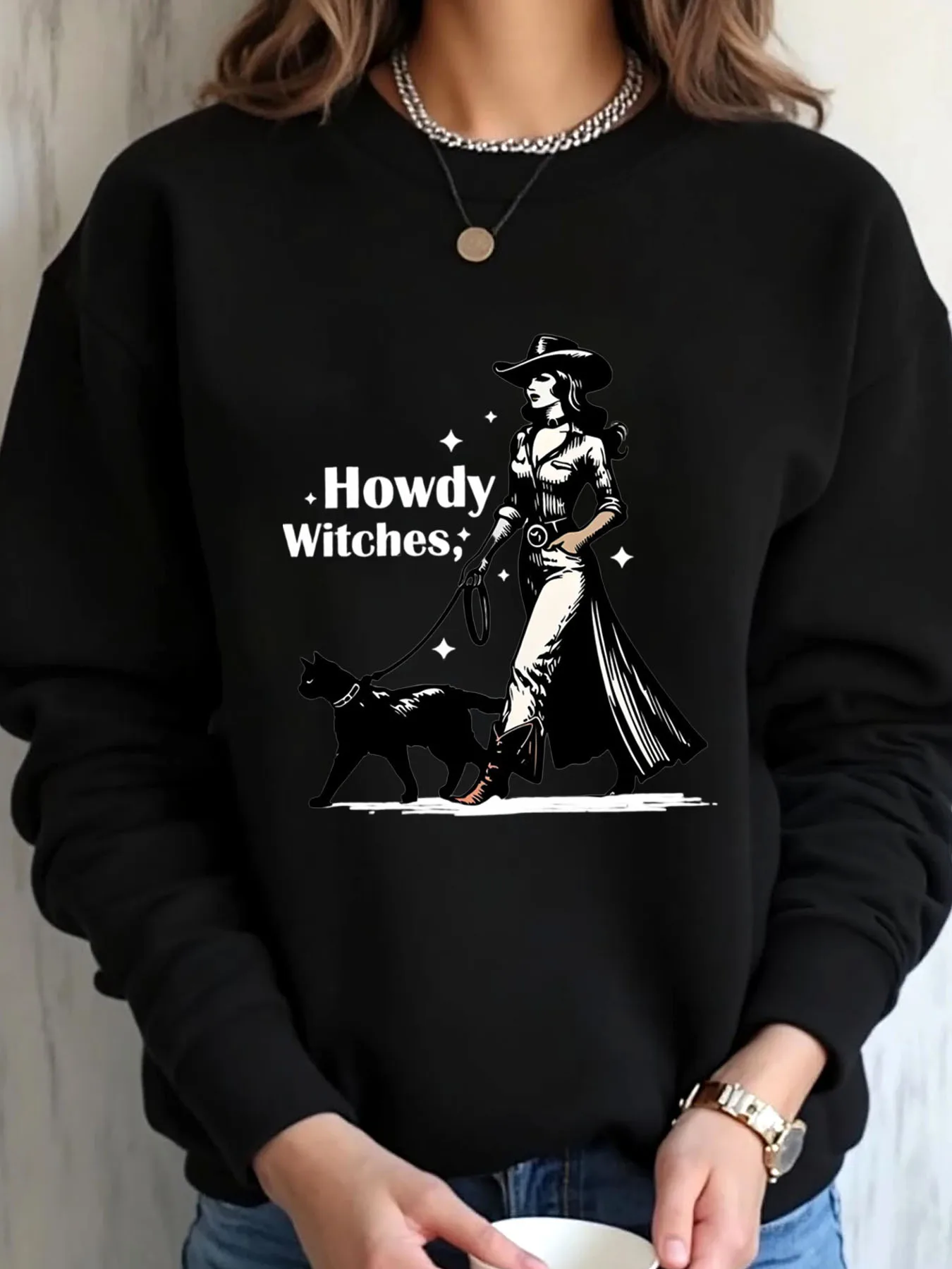 سويت شيرت نسائي كبير الحجم للهالوين مع قطة هاودي ساحرة مطبوعة ملابس خارجية #1