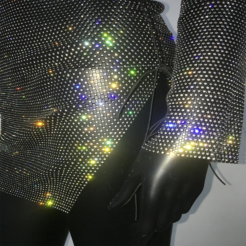 AKYZO Women's Sexy Fishnet Dress with Gloves Flash Drill Tube Top Mini Dresses for Women Beach Cover Up Nightclub Streetwear Bod image 6