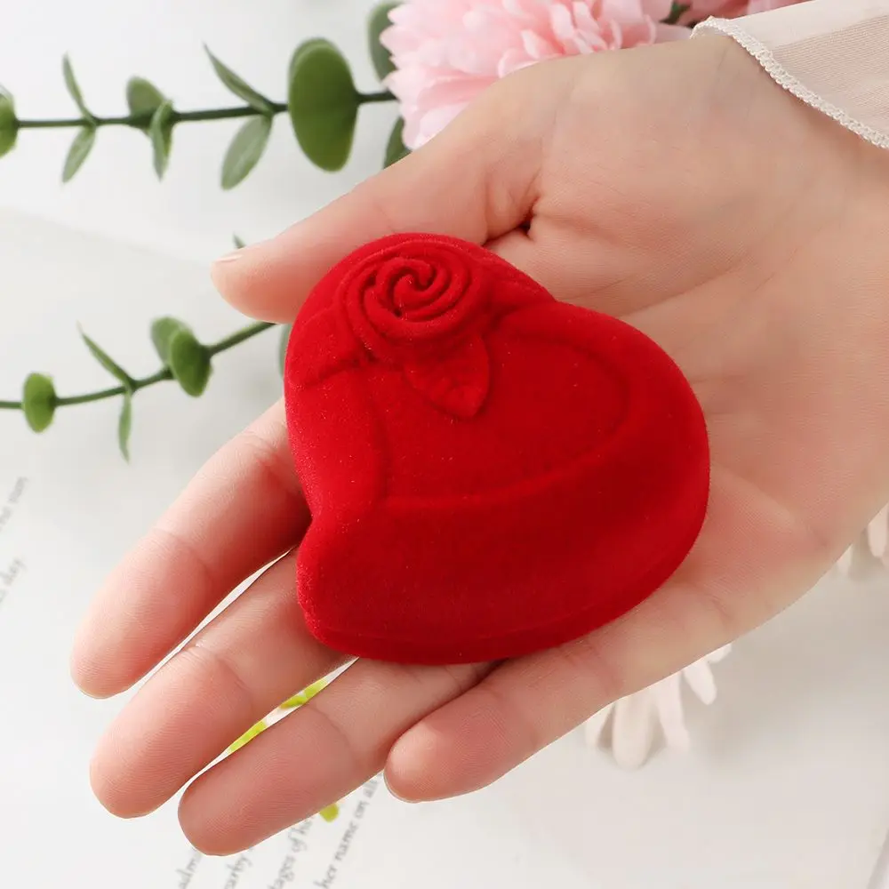 Velvet Heart Shape Red Rose Flower Jewelry Box Double Wedding Rings Display Box Gift Earrings Package Case