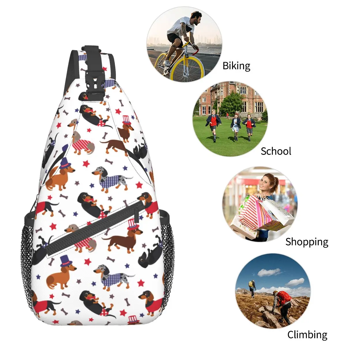 Patriótica Dachshund Sling Bag Peito Crossbody Ombro Mochila Outdoor Sports Daypacks Dog Cool Bag