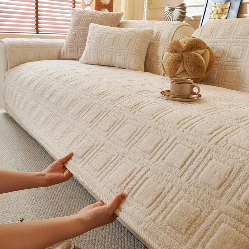 Chinese Cream Style Jacquard Plush Sofa Cover Winter Warm Straight Sofa Cushion Thick Anti Slip Fabric Sofa Mat Animal Friendly