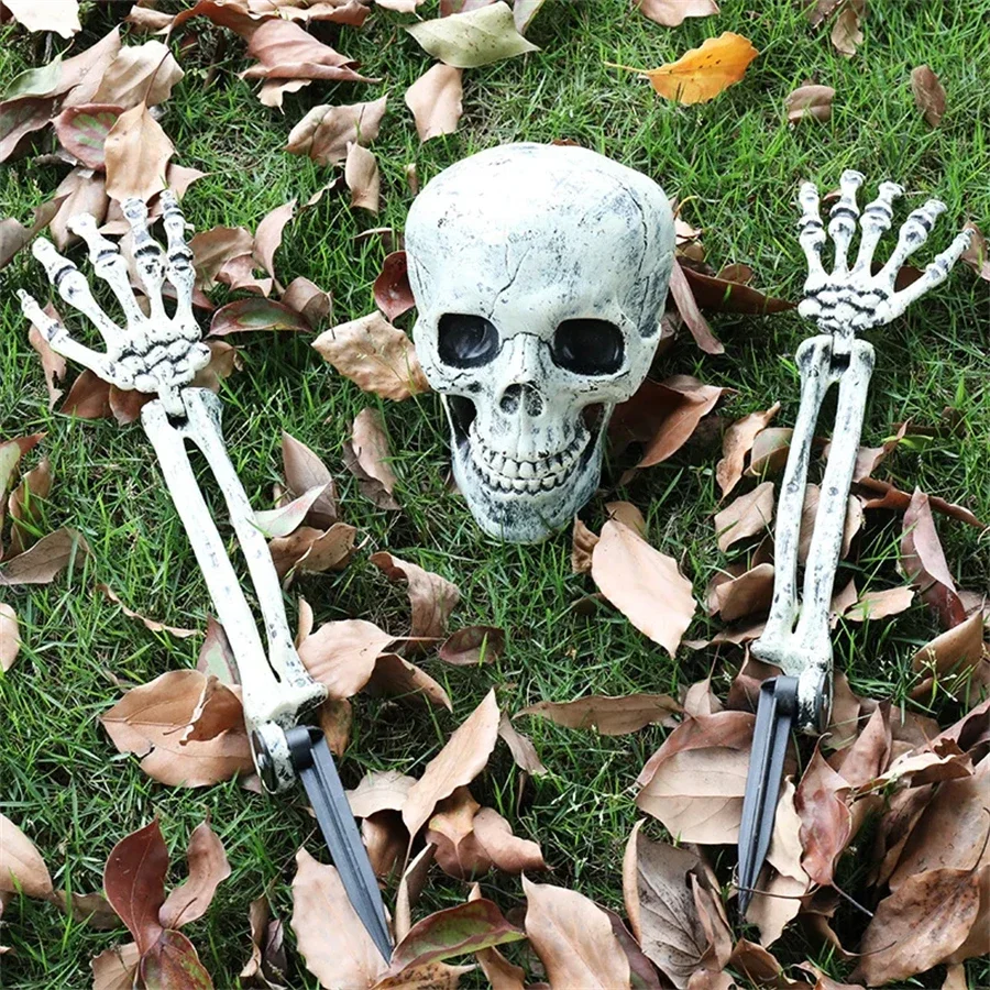Halloween Decor Skeleton Head Outdoor Scary Props Realistic Skull Hands Yard Prank Festivals Party Supplies Garden Decorations view 2