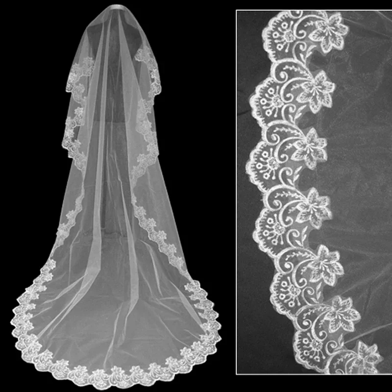 Voile de Mariage en Dentelle, Accessoire de Cathédrale, Longueur Environ 3 m, en Coton, Bon Marché, Simple, sans Peigne, pour Patients Mariée