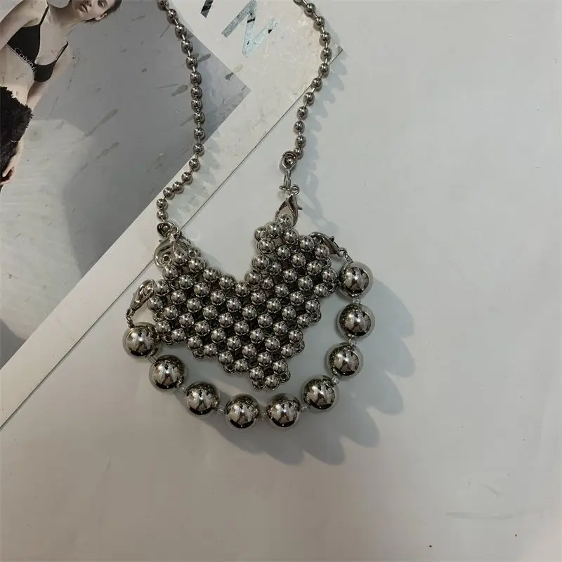 Silver Pearls Casual Heart Fashion All-match Small Crossbody Bags for Women Purse and Handbags Elegant Korean Version