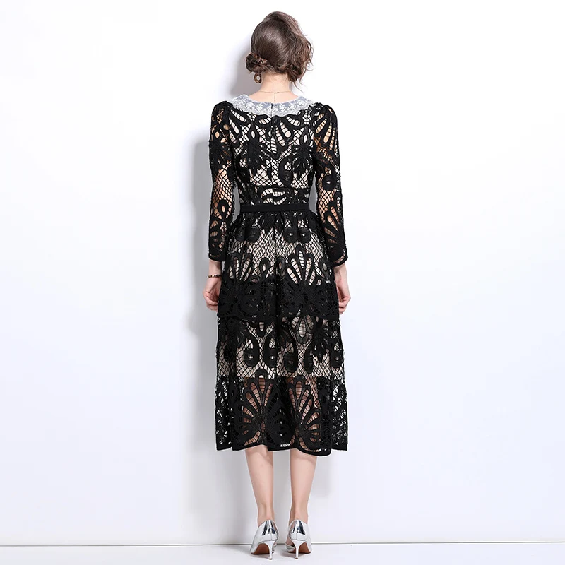 High-End Crochet Lace Hollow Out  Autumn Dress Women's Runway Embroidery Designer Vintage Elegant Long Sleeve Midi Dresses