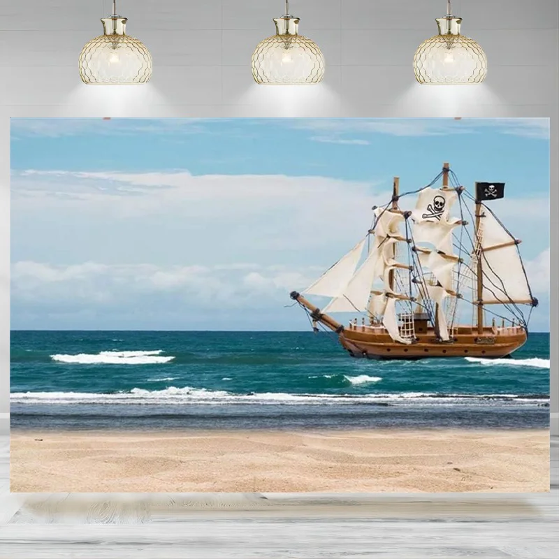 Pirate Ship Backdrop Nautical Sailboat Ocean Beach Party Sailor Photography Background Sailing Boat Children Bday Photo Banner