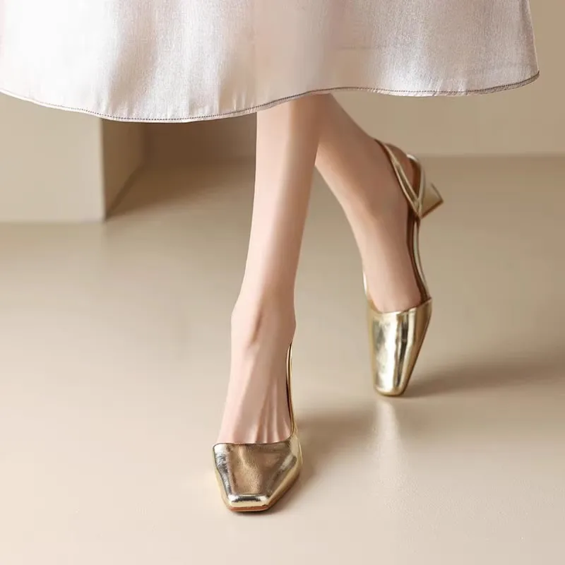 2024 Women Sandals Female Leather Square Toe Med Heel Summer Ladies golden Slingbacks Pumps Shoes Woman Party Wedding Size 35-41