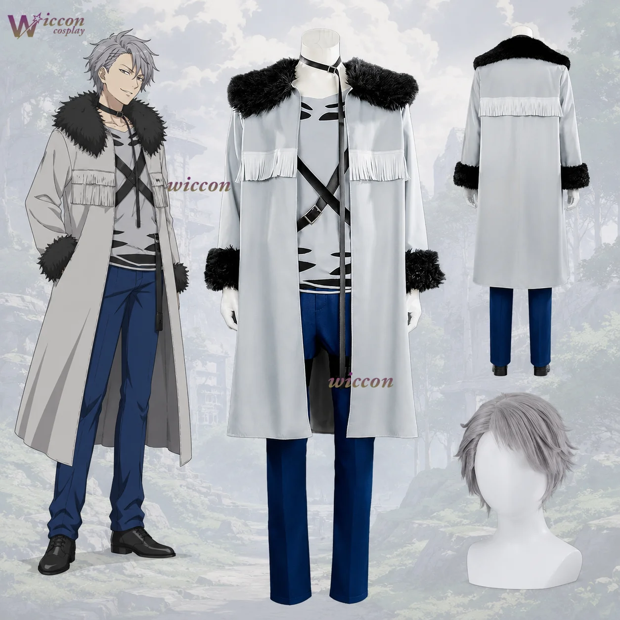 

Cos Room Frieren Long Silver Hair Pointed Ear Elf Mage Costume White Jacket Black Tights Gold Embroidery Elegant Anime Cosplay