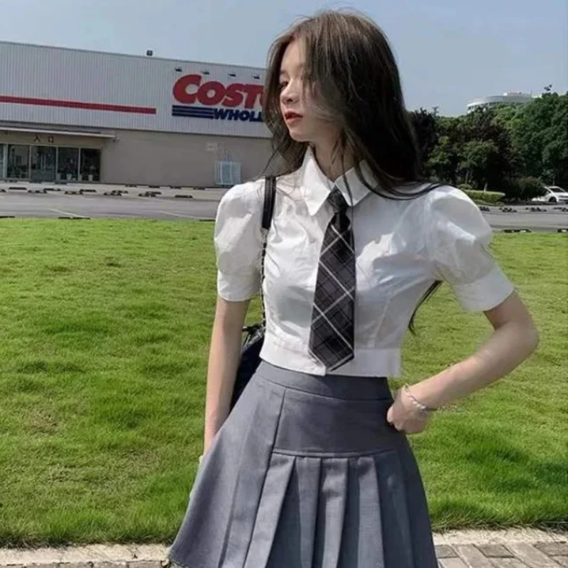 

Preppy Style White Shirts Women Summer Sweet Cute Schoolgirl Pure Y2k College Korean Chic Mujer Blusas Puff Sleeve Hotsweet Slim