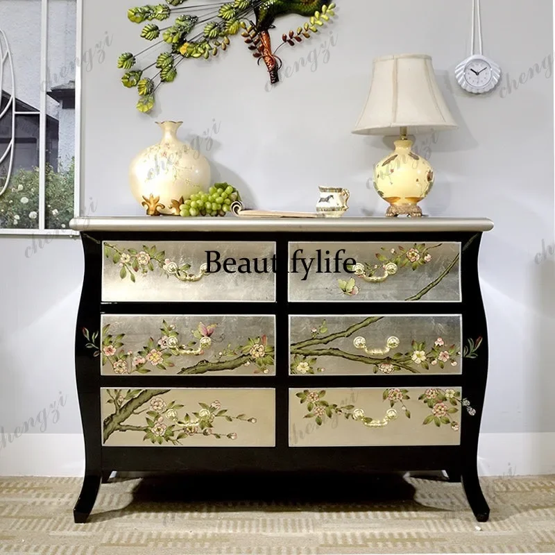 E182 New Chinese-style entrance cabinet, silver foil hand-painted simple six-bucket screen cabinet, partition cabinet, living ro