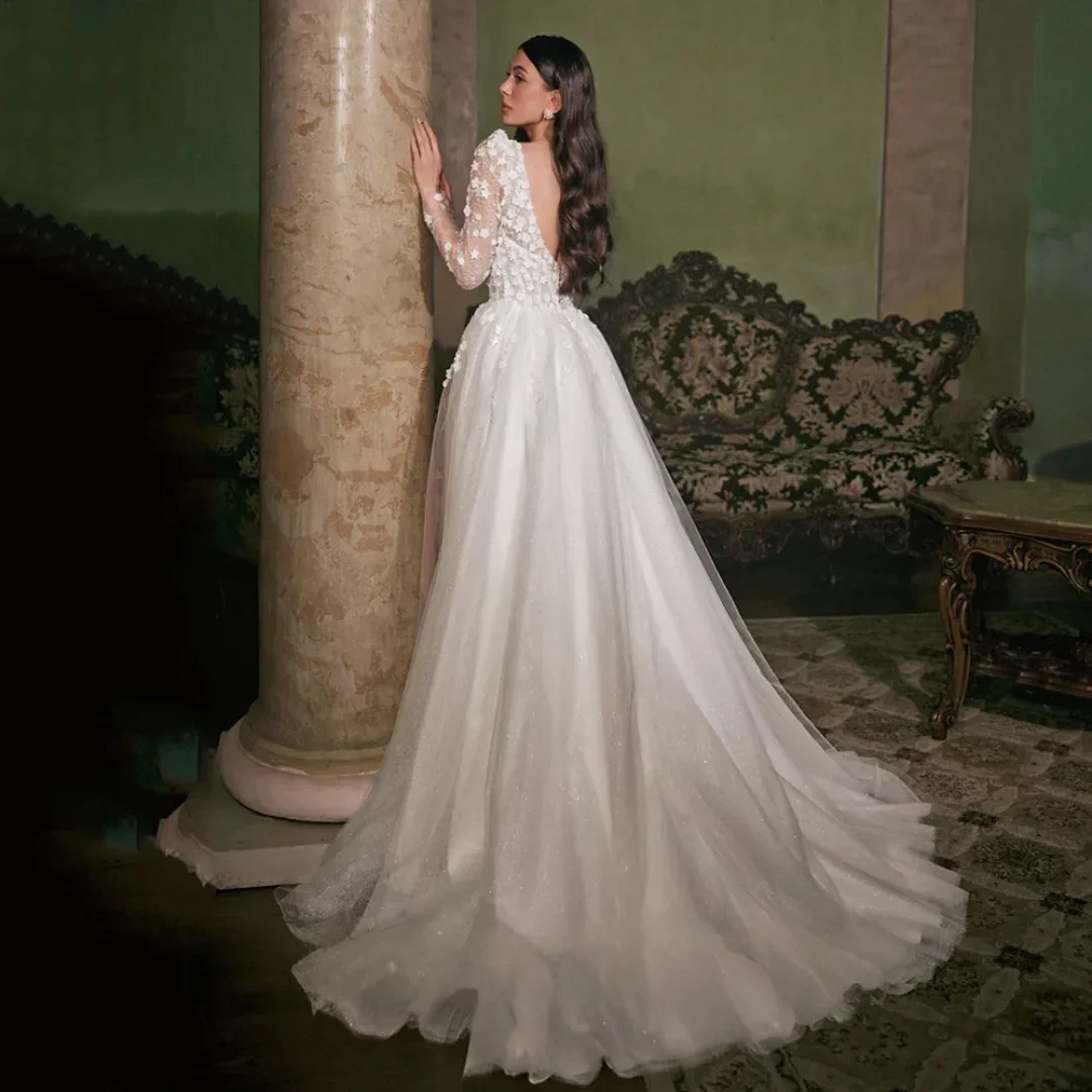 Maßgeschneiderte funkelnde elegante Hochzeits-Party-Kleider mit V-Ausschnitt, vollen Ärmeln, Blumenapplikation, A-Linie, Ballkleid, Braut, Vestidos de Novia