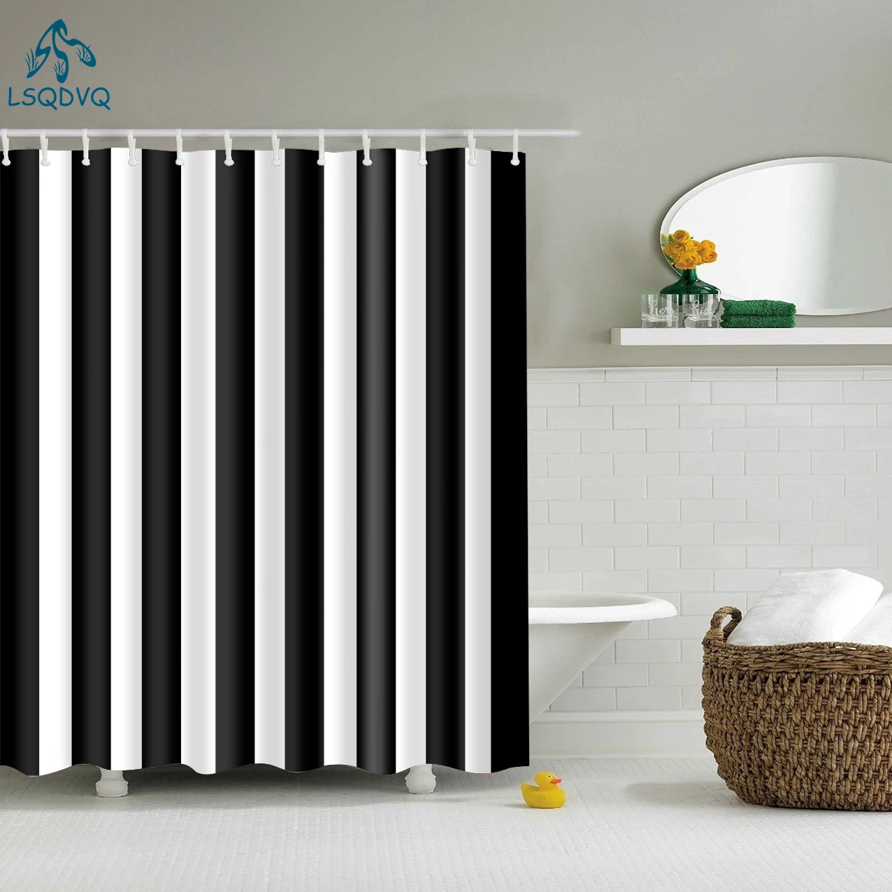 Cortinas de ducha impermeables para baño, visillo de poliéster con ganchos, rayas geométricas onduladas, color blanco y negro