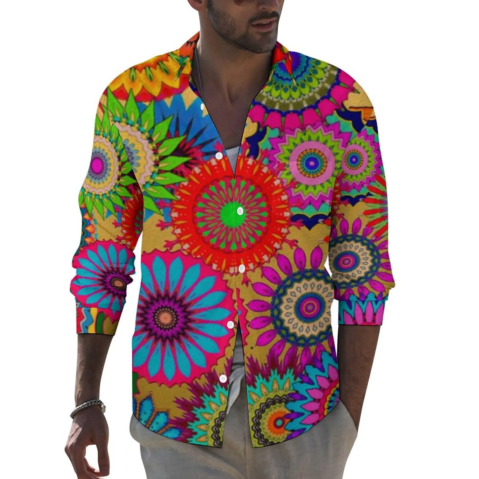 Colorful Mandala Shirt Autumn Retro Bohemian Print Casual Shirts Male Trendy Blouses Long Sleeve Street Clothing Plus Size 4XL