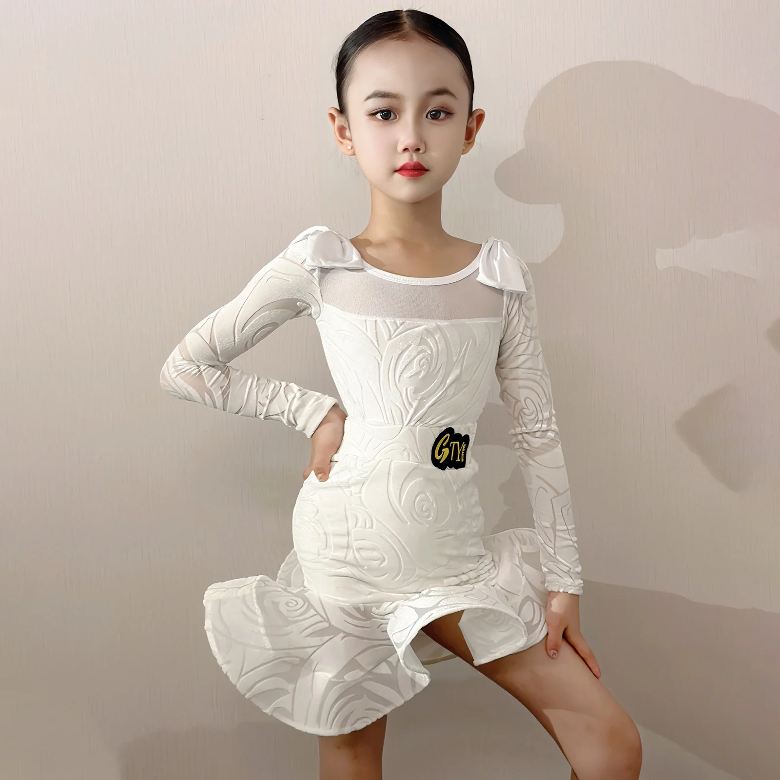 

New Girls Long Seleevs Latin Dance Competition Dress Kids Samba Chacha Latin Dance Costume Children Ballroom Dance Wear SL13884