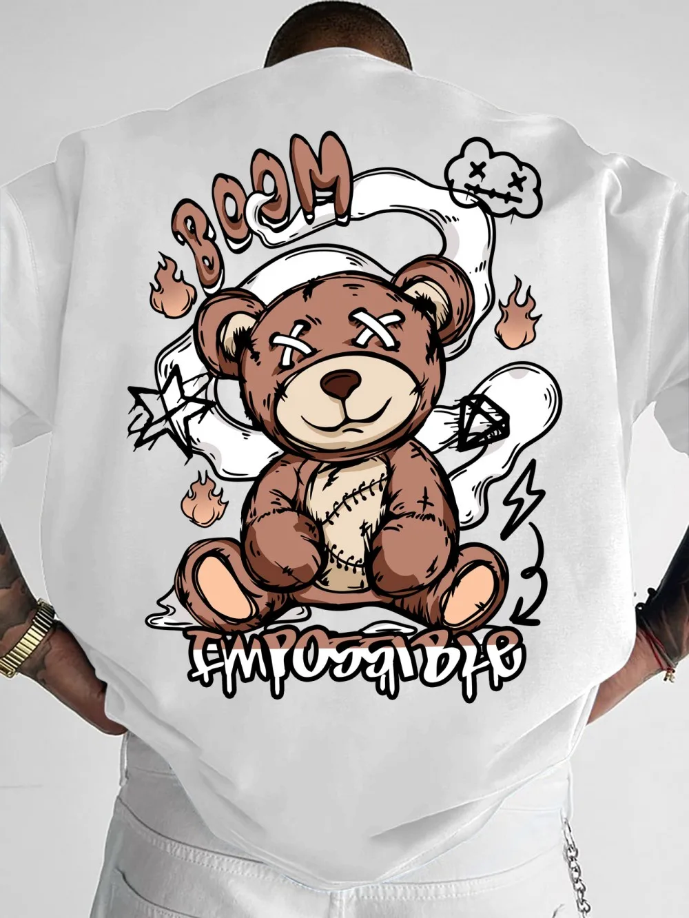 Fashionable new men's summer patch bear letter print comfortable and breathable round neck T-shirt outdoor urban casual top