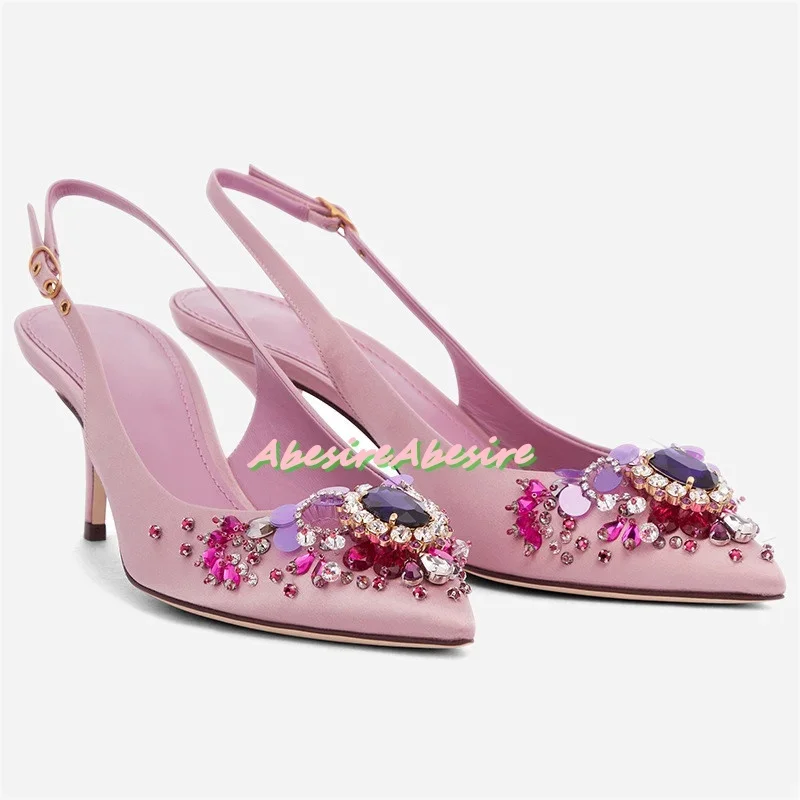 

Женские розовые туфли-лодочки на высоком каблуке со стразами из овчины, остроконечные туфли-лодочки на шпильке с ремешком сзади, пикантные роскошные свадебные туфли с бусинами, осень 43.