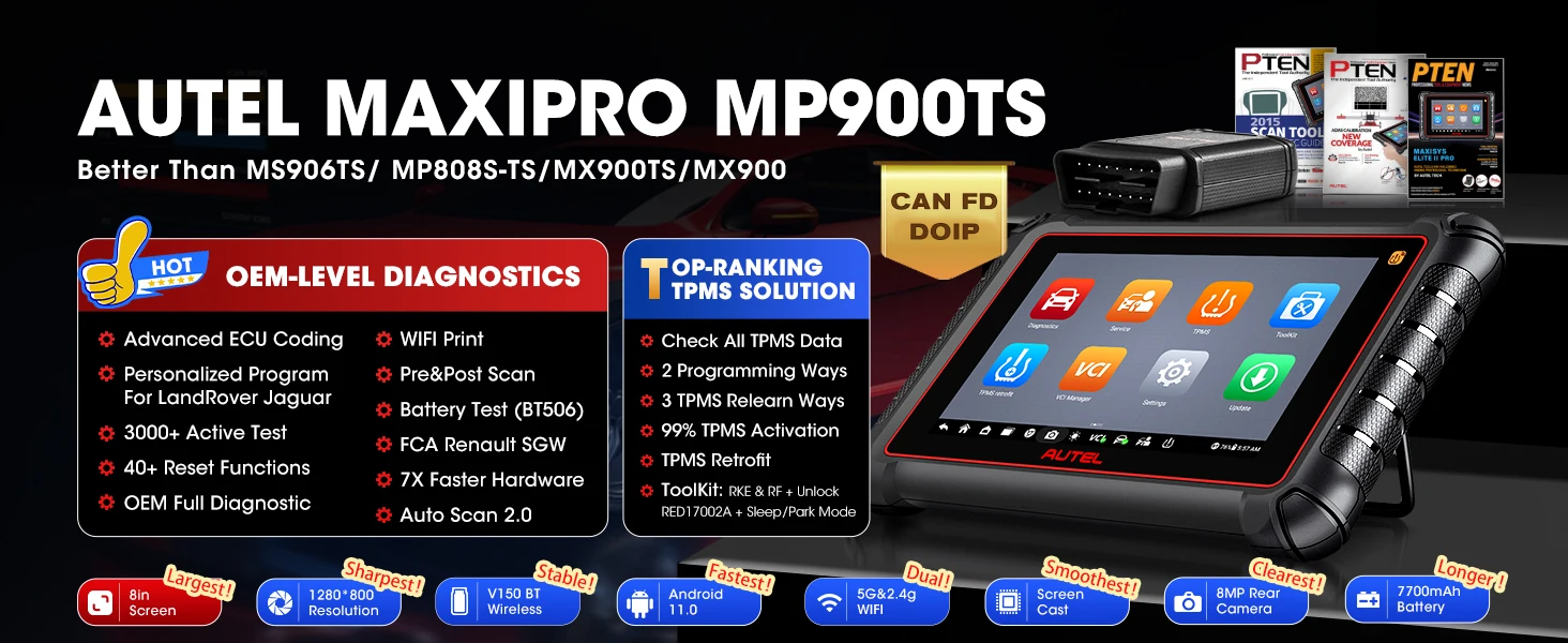 Autel Scanner MaxiPRO MP900TS, Top TPMS & ECU-Codierung wie MS906 Pro-TS | 8-Zoll MP900-TS Bidirektionales Diagnosegerät, 3000+ Tests, 40+ Servicefunktionen, Erweitertes Modell von MaxiSYS MS906 PRO MP900BT MK900TS, Auto Scan 2.0, OS11.0 – Detail 1