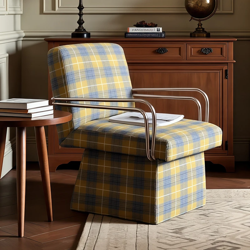 Rotatable sofa chair Living room balcony Leisure lazy sofa chair Modern simple blue plaid single computer chair
