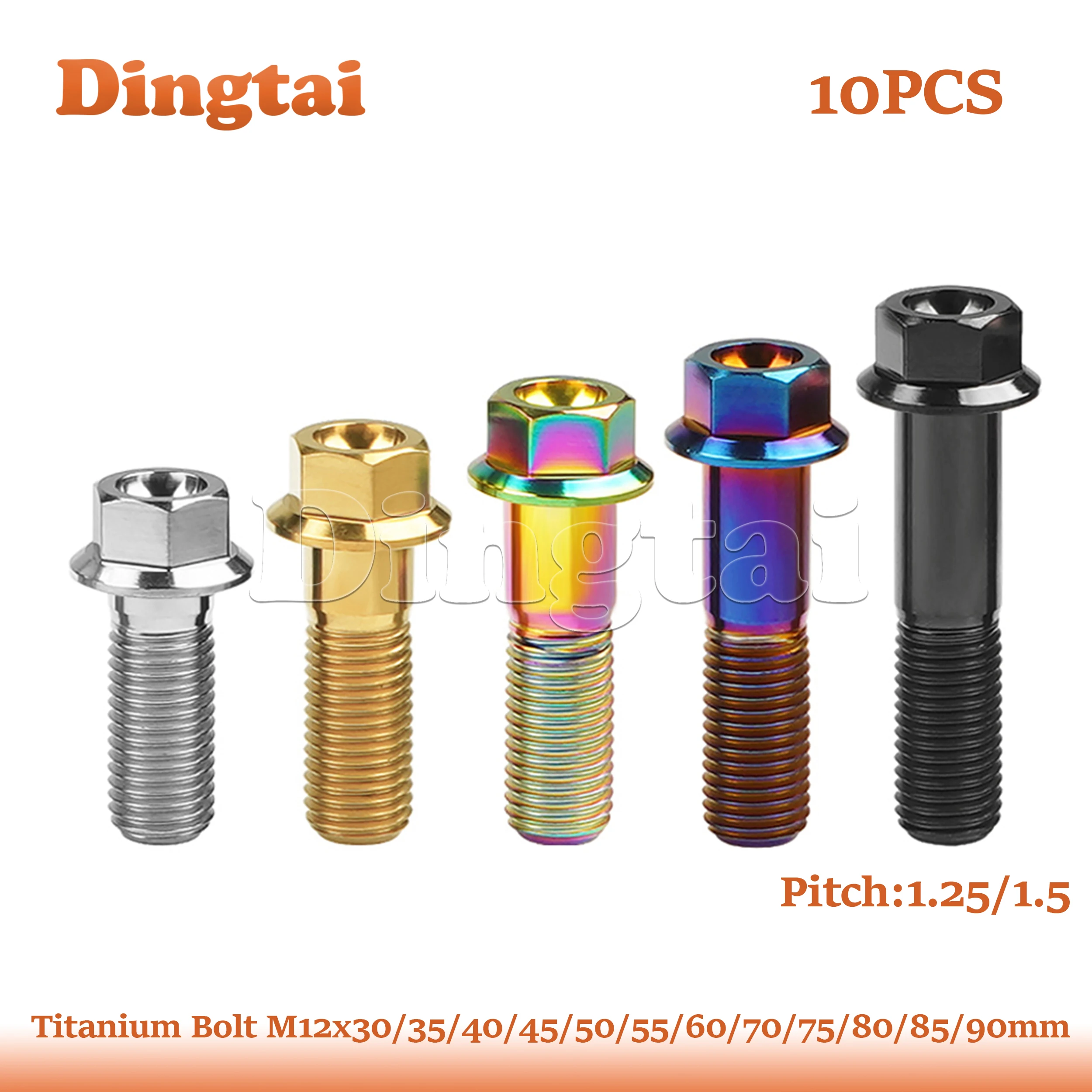 Dingtai  Titanium Bolt 10PCS M12X30/35/40/45/50/55/60/65/70/ 75/ 80/ 85/ 90mm Hex Flange Head Threaded Screws for Bicycle