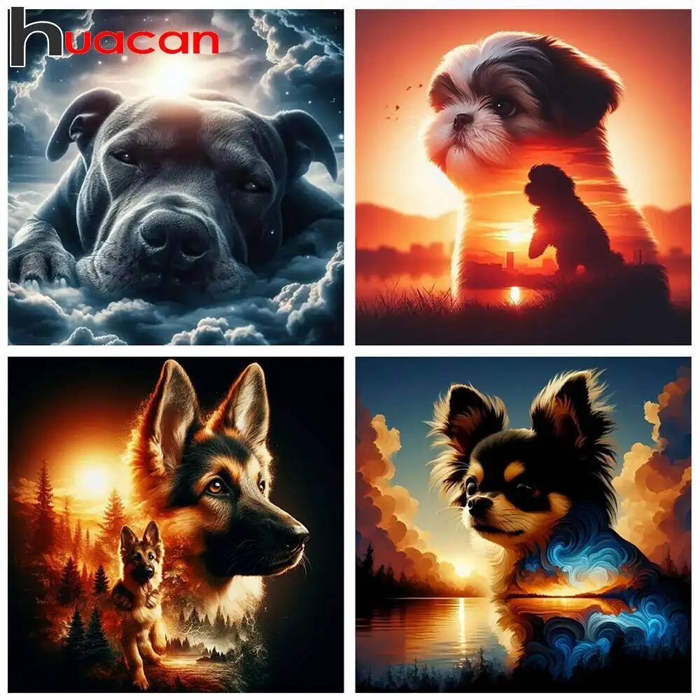 Huacan Diamant-Gemälde, Hund, Tierlandschaft, volle Runde, Diamant-Mosaik, handgefertigt, Kunst und Handwerk, Heimdekoration
