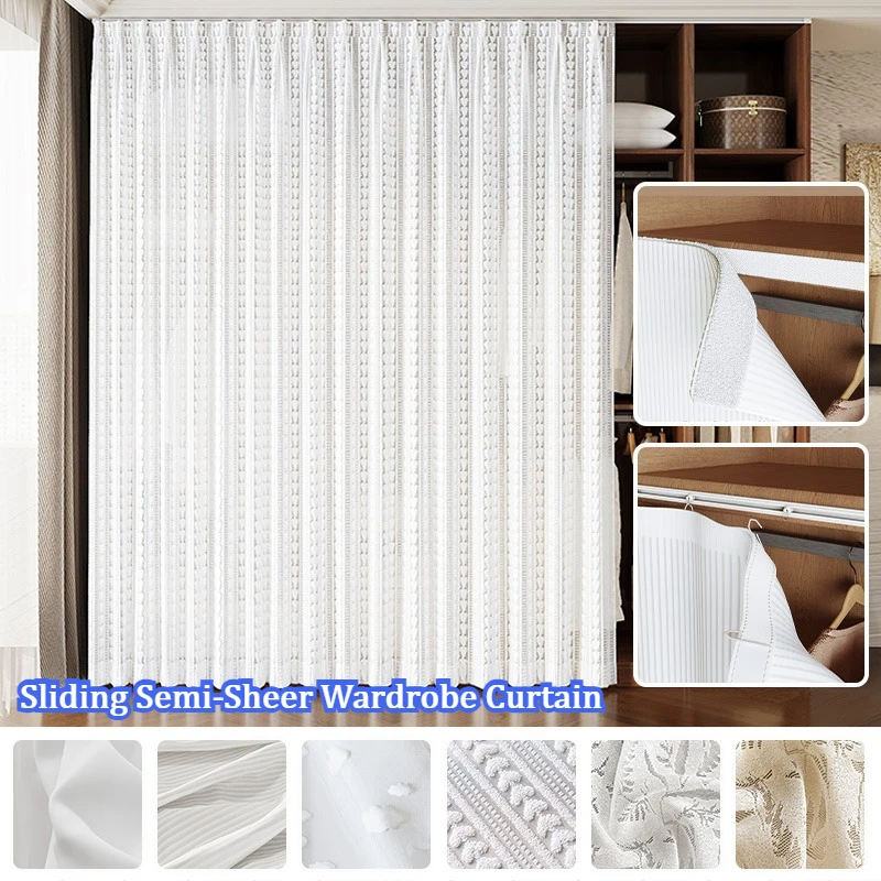 Sliding Semi-Sheer Wardrobe Curtain Dustproof Privacy Cover for Open Closet Shoe Cabinet Bookshelf with Adhesive Track Decor