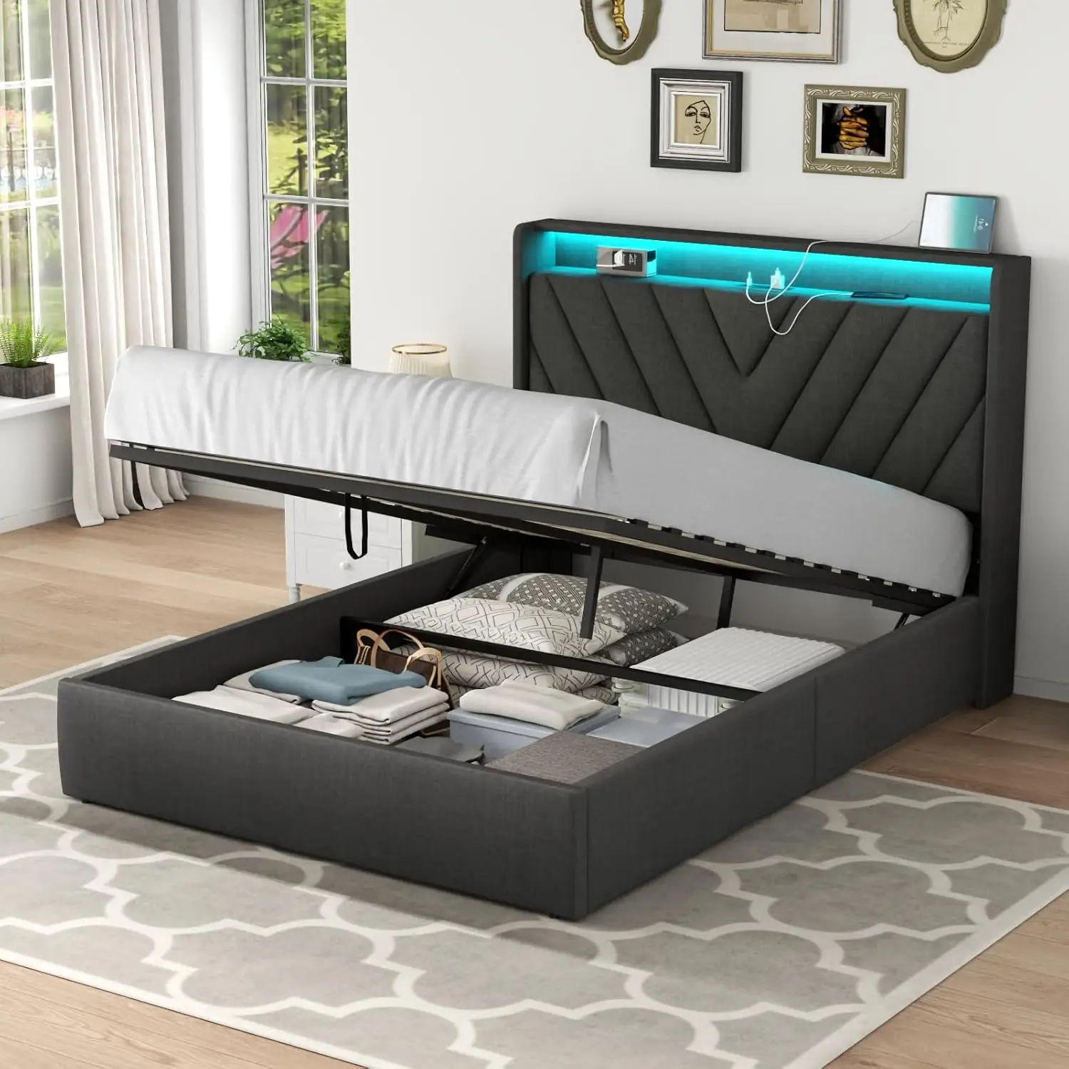 

Full Lift Up Bed Frame with Charging Station & LED Lights, Upholstered Bed with Modern Wingback Storage Headboard, Hydraulic
