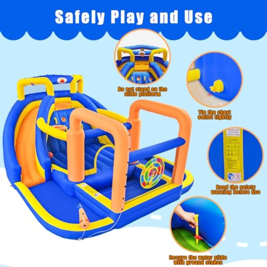 Inflatable Water Slide, Bouncy Castle with Blower, 171 x 160 x 90 inches Bounce House with Climbing Wall, Archery Dartboard Gam
