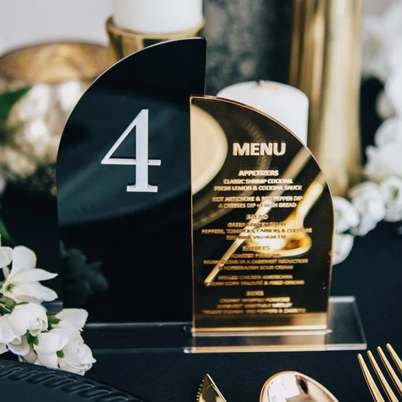 Custom Double Half Arched Black Gold Mirror Wedding Menu & Table Number Combined Sign Table Centrepiece Wedding Decoration