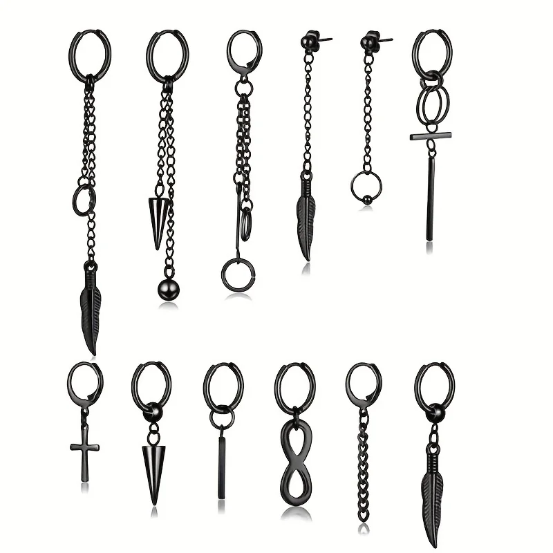 2pcs/set Black Or Silvery Unisex Punk Stainless Steel Cross Cone Feather Chain Pendant Hoop Earrings Ear Stud Jewelry Set