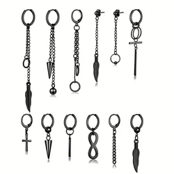 2pcs/set Black Or Silvery Unisex Punk Stainless Steel Cross Cone Feather Chain Pendant Hoop Earrings Ear Stud Jewelry Set