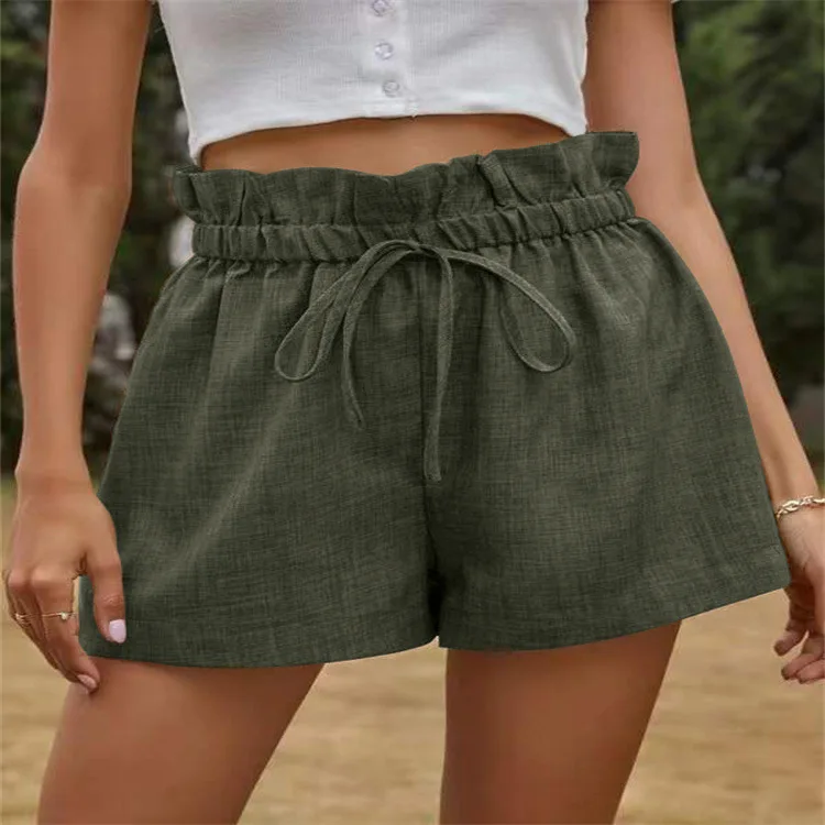 2022 summer shorts new high waist lacingelastic waist loose wide leg pants casual comfortable shorts women retro straight shorts