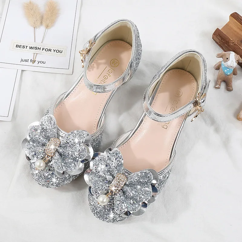 Children\'s Sandals for Party Wedding Elegant Bowknot Kids Girls Versatile Sequins High-heels Fashion Pearl Princess Single Shoes