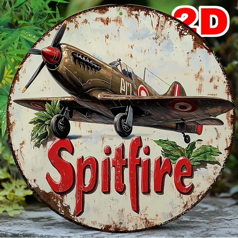 2D Flat 1pc Spitfire Aviation Aluminum Round Plaque, Wall Decor for Garden Garage Room