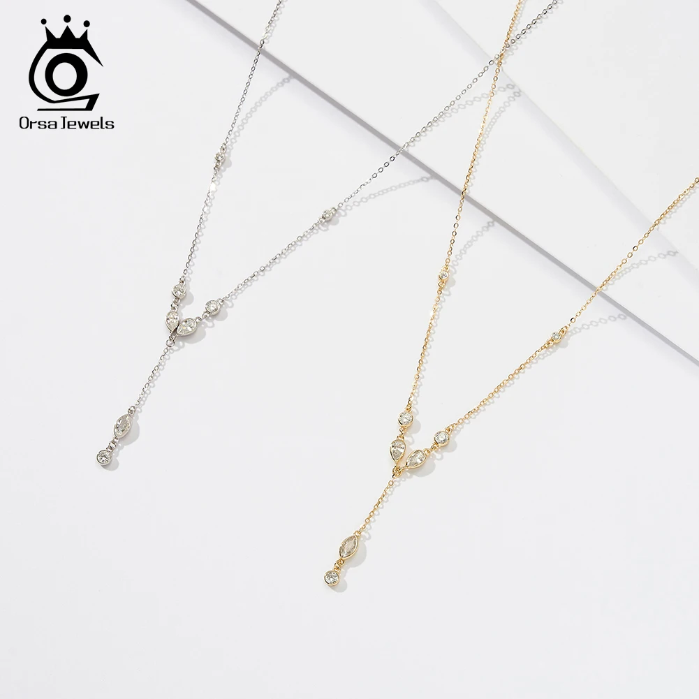 

ORSA JEWEL Fashion Layered 925 Sterling Silver Choker Y Shape Necklace Women CZ Zircon Charm Long Y Necklace Sexy Jewelry BQN18