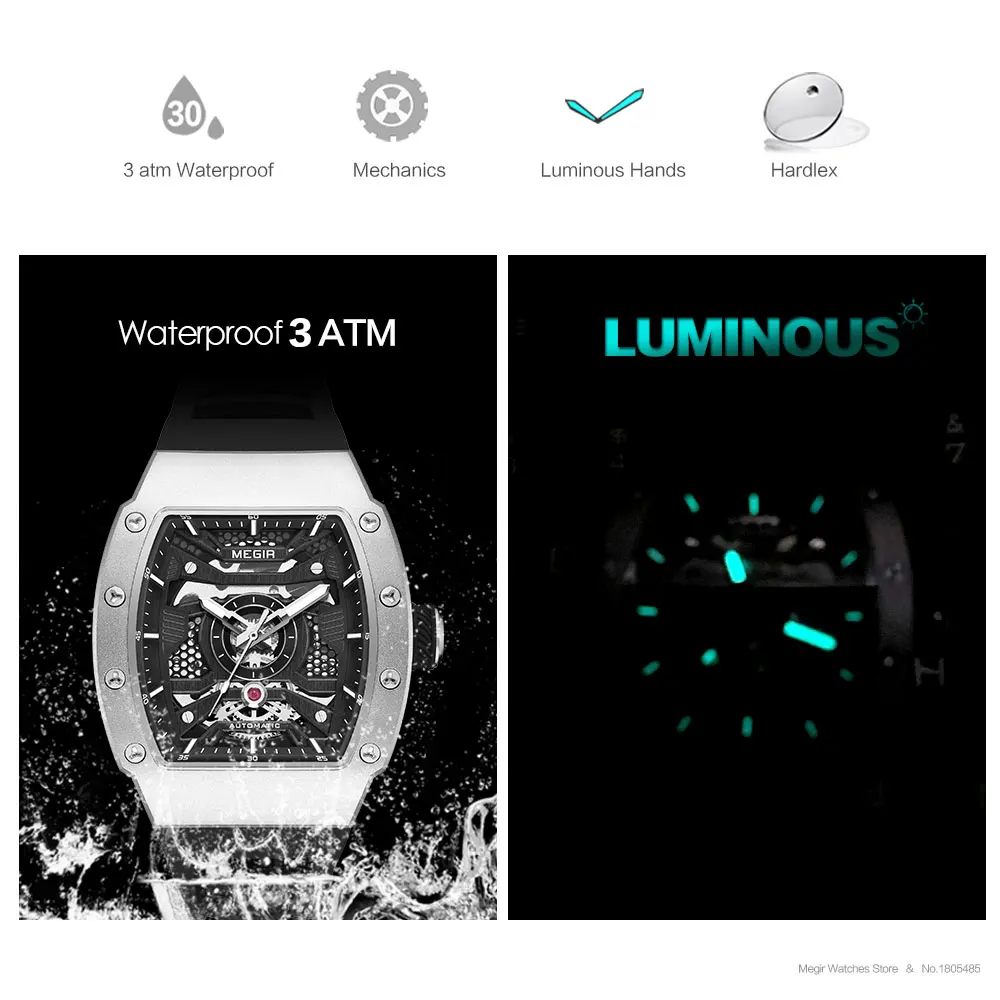 MEGIR Automatic Mechanical Watch for Men Fashion Sport Wristwatch with Stainless Steel Case Silicone Strap Luminous Hands 8604