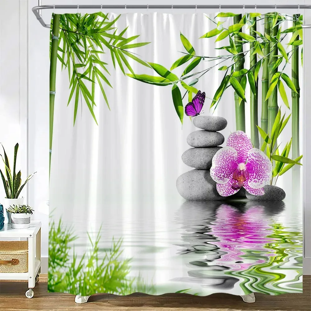 Zen Green Bamboo Shower Curtains Purple Orchid Butterfly Flowers Plants Black Stone Spa Nature Scenery Fabric Bathroom Decor Set