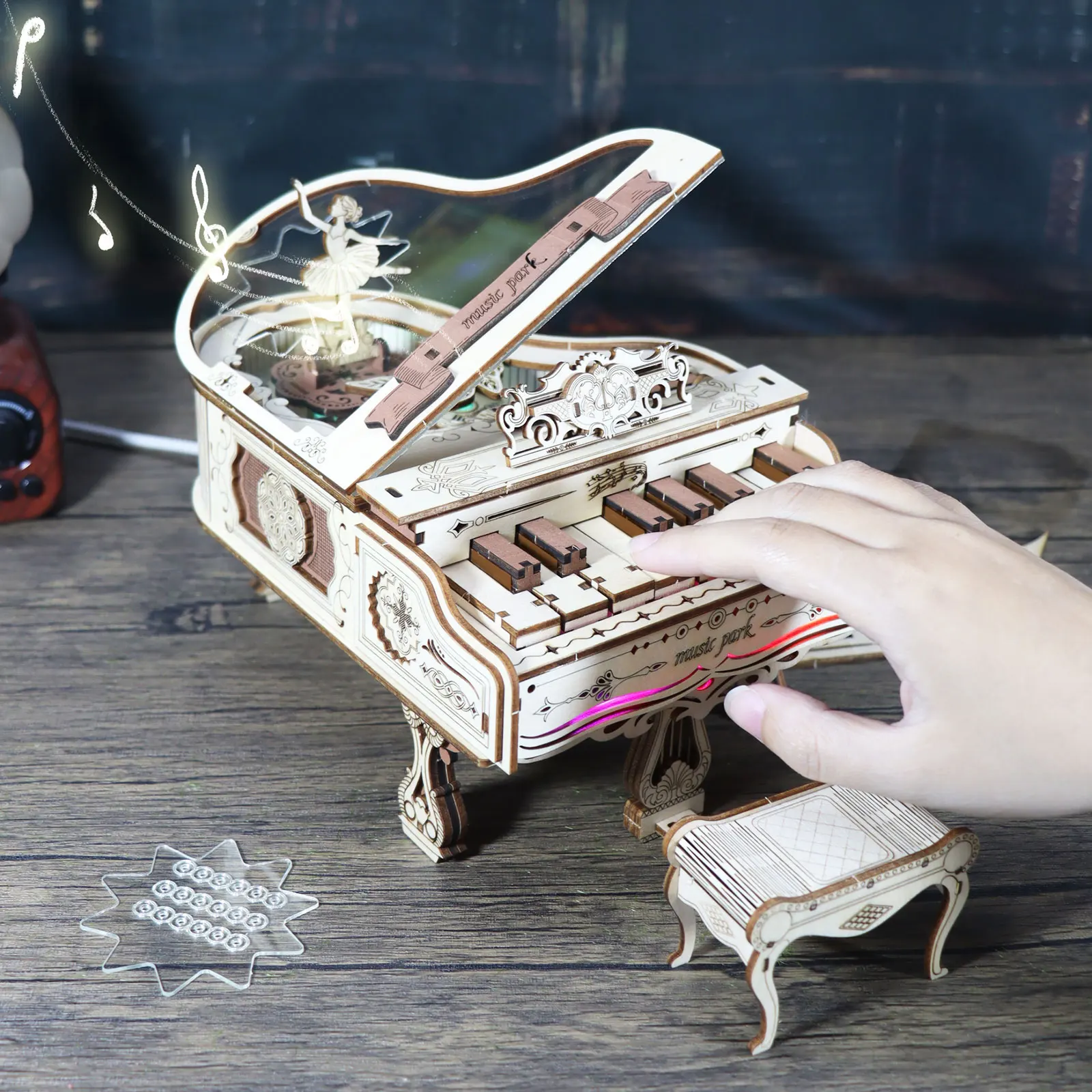 Music Park 3D Wooden Puzzles Model Kits for adults to build piano Music Box Can be Paly With Lights Gifts for Christmas
