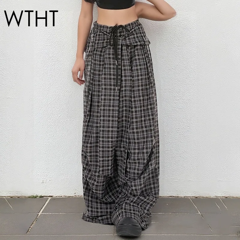 

WTHT Fashion Trendy Women's Bandage Design Plaid Casual Pants 2025 Summer New High Waist Wide Leg Trousers Female 1LS2156