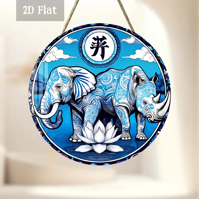 2D Flat, 1pc Blue Elephant & Rhino Round Wood Panel Wall Art - Retro African Bohemian Ethnic Decor Suitable for Home, Cafe, Dini