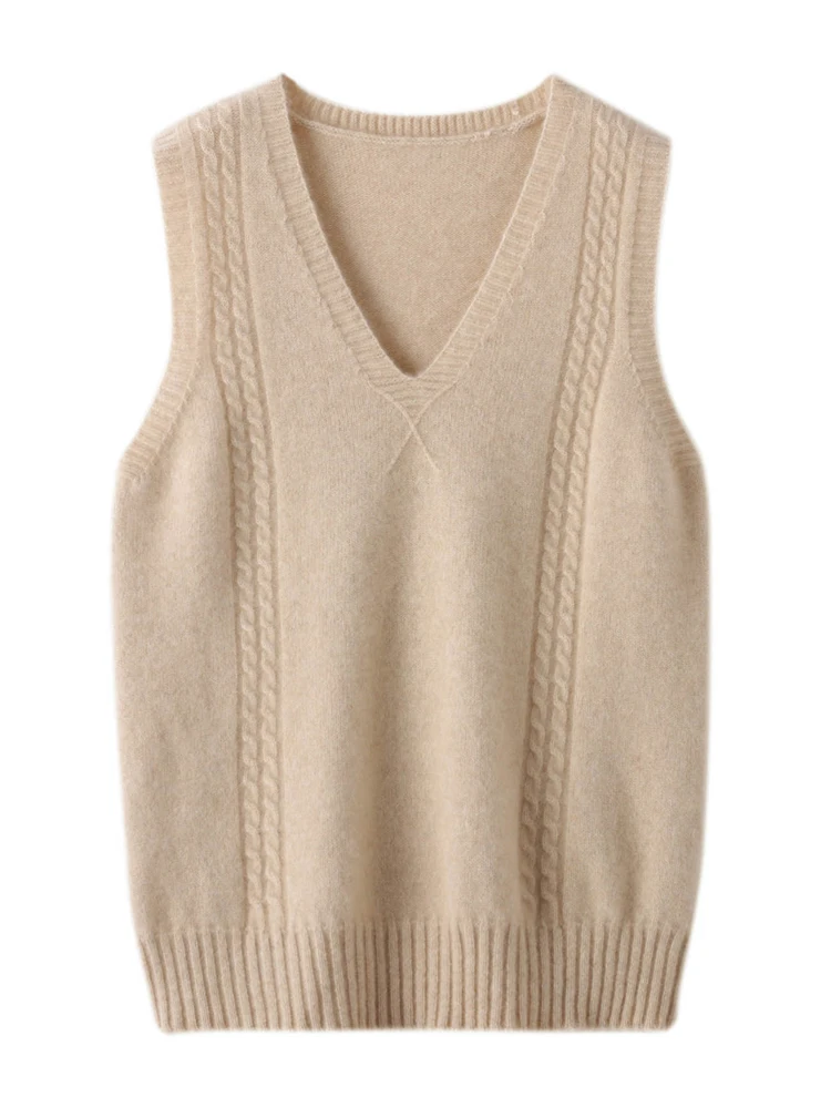 

Autumn Spring Pullover Sleeveless Sweater 100% Wool Vest Women V-Neck Loose Waistcoat Knitted Inside Clothing Top Shirt