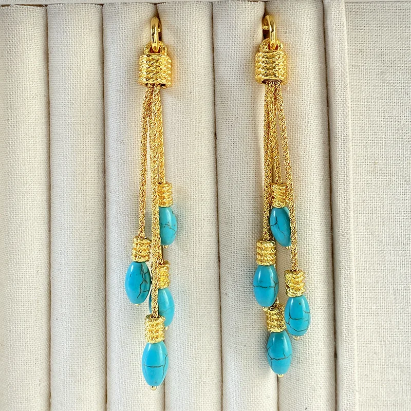 Designer Fashion Natural Blue Turquoise 14K Gold Filled Ear Dangle Drop Tassel Beads Hoop Earrings Bohemia Boho Handmade Jewelry