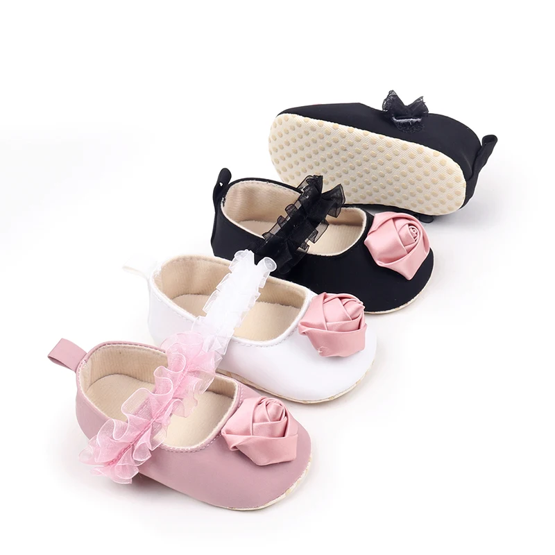 Baby Girls Mary Jane Shoes Princess Cute Lace Rose Design Soft Non-Slip Infant Baby First Walking Shoes