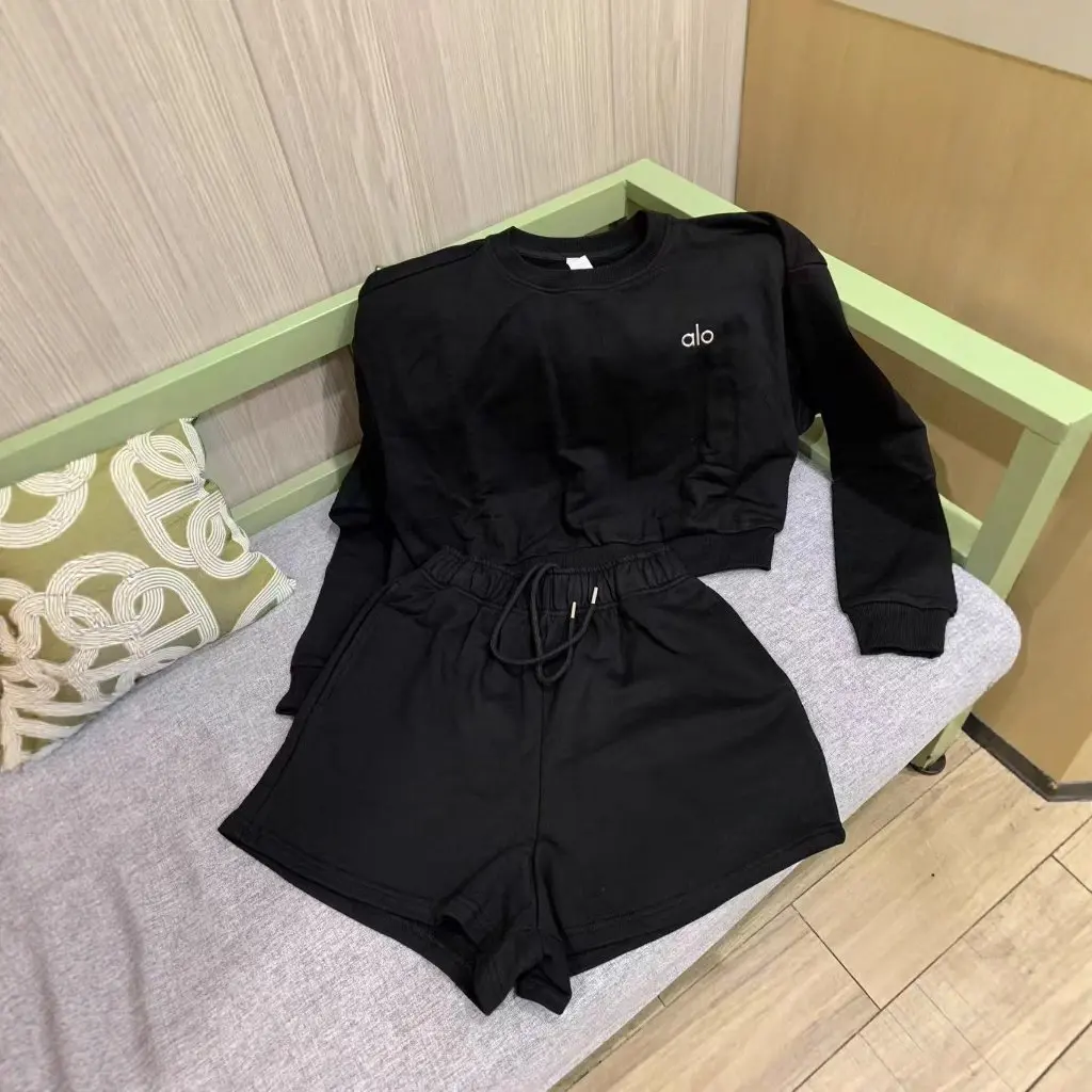 

Al025 Spring Summer New Sporty Casual Sweatshirt And Pants Set Women's Versatile Elastic Waist Drawstring Shorts Outfit