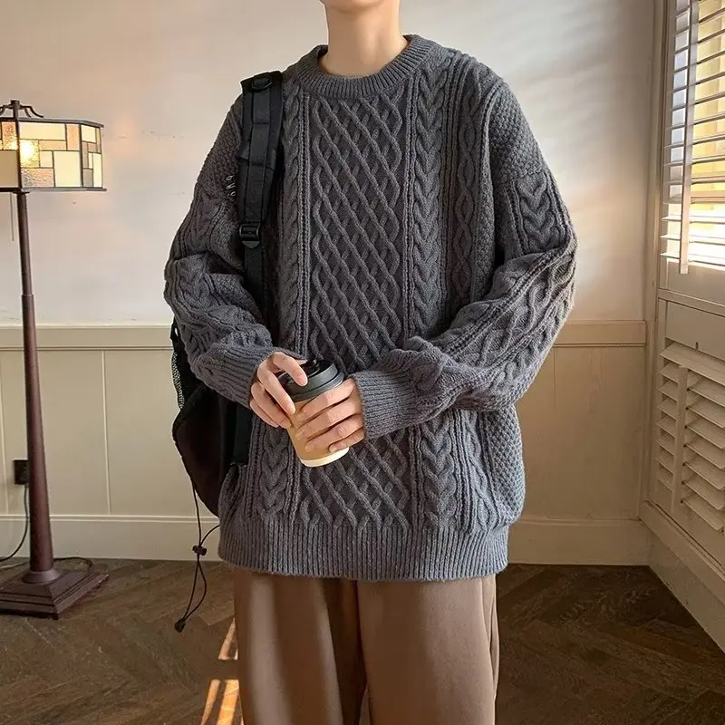 남성용 두꺼운 라운드 넥 니트 스웨터 가을 겨울 따뜻한 캐주얼 스타일 폴리에스터 섬유 긴팔 패셔너블 니트웨어