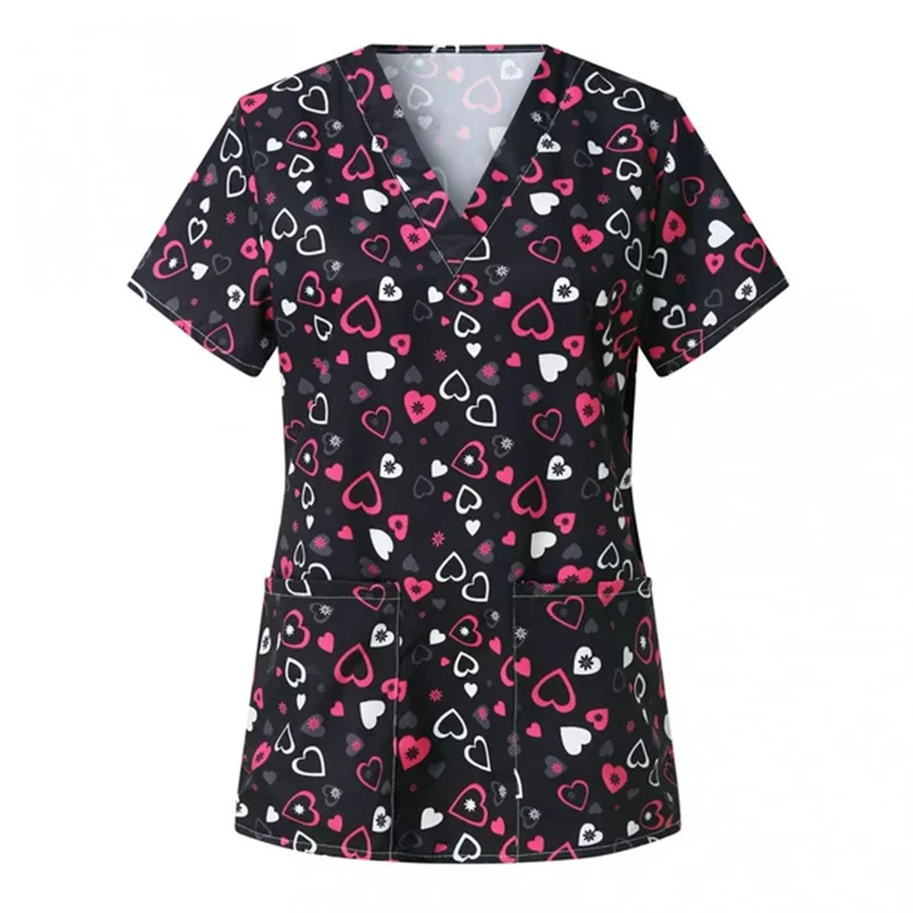 Uniforms Women Medical Elegant Heart Print Obstetrics Medico Top Fashion V-Neck Short Sleeve with Pocket Clinical Uniforms Woman